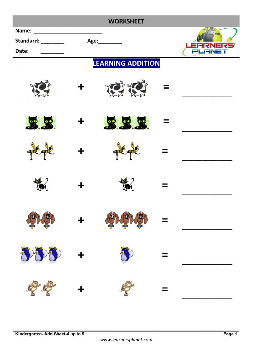 Addition worksheet for kindergarten online